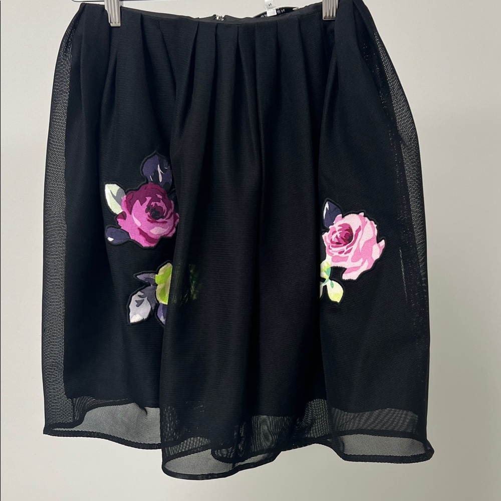 Carven Black Skirt with Pink Floral Embroidery